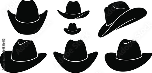 Cowboy hat silhouettes, western headwear styles, traditional ranch hats, rodeo fashion icons, country style accessories, vintage cowboy hats, vector illustration, western culture design