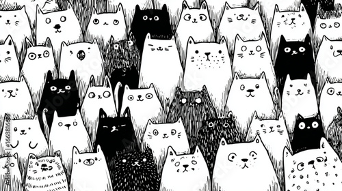 Diverse Collection of Cartoon Cats in Black and White Graphic Illustration Pattern