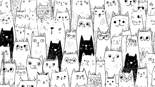 Diverse Collection of Cartoon Cats in Black and White Graphic Illustration Pattern
