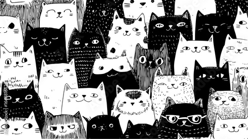 Diverse Collection of Cartoon Cats in Black and White Graphic Illustration Pattern
