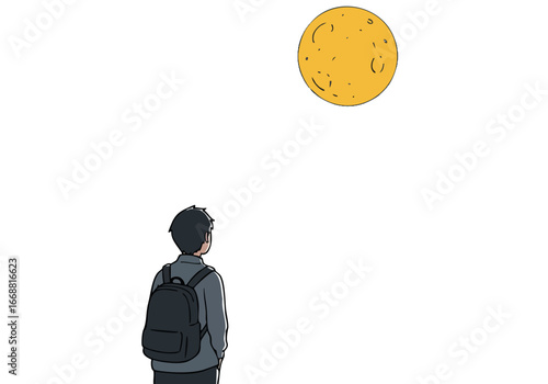 A young man gazes at a full moon, conveying a sense of peaceful contemplation. Simple, minimalist illustration with a soft color palette. Ideal for calming or reflective themes.