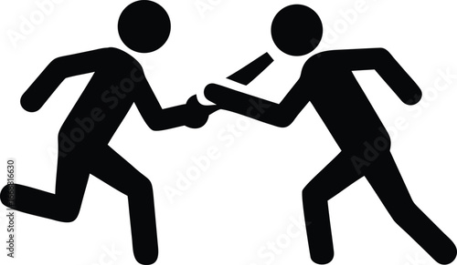 Two black stick figures passing a baton in a relay race on a white background sport competition