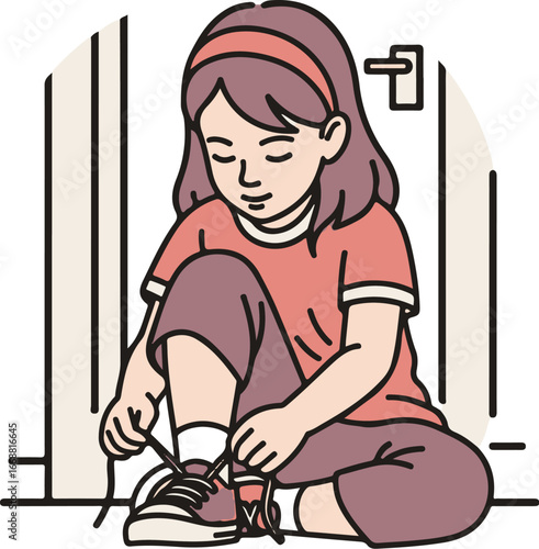 Illustrated young girl with a headband and brown hair, sitting down and focused on tying her sneaker shoelaces.