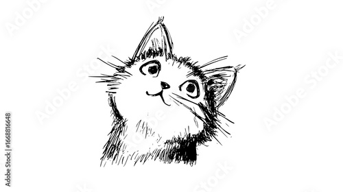 Charming Headshot of a Curious Cat with Playful Expression in Black and White Sketch Style