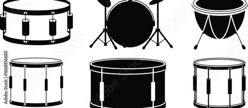 Drum silhouettes, percussion instruments, snare, bass, timpani, tom, tenor, black and white outline, music clipart, band equipment, CAD drawing flat vector illustration