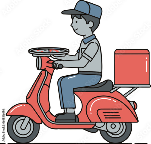 Cartoon pizza delivery boy in a cap riding a classic red scooter while holding a fresh pizza.
