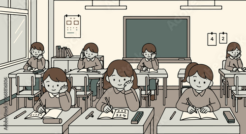 Hand-drawn illustration of uniformed schoolchildren sitting at desks, diligently writing and studying their lessons.