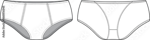 Vector illustration of two different styles of women’s underwear briefs with stitching and panel details, ideal for fashion design projects.