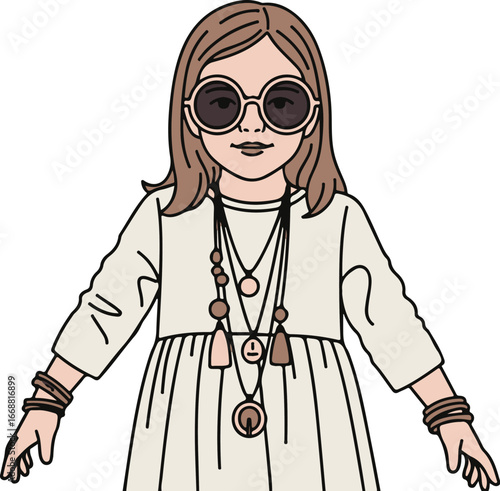 Hand-drawn illustration of a stylish little girl in a bohemian dress, round sunglasses, and layered necklaces.
