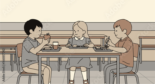 A retro-style illustration of three young children, two boys and a girl, eating lunch together at a school cafeteria table.