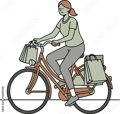 A woman with reddish-brown hair in a ponytail rides a bicycle carrying shopping bags on the front and back.