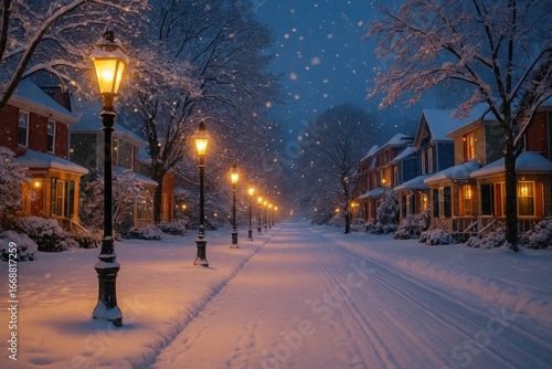 A serene winter night in a quaint neighborhood, where snowflakes gently fall and street lamps cast warm light on the snow-covered pathway
