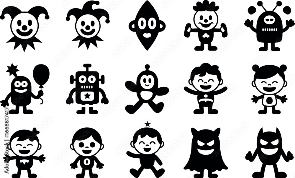 Obraz premium Playful Black and White Cartoon Character Icons: Happy, Fun, Childlike Designs