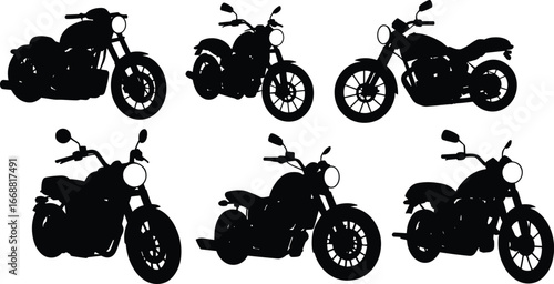 Motorcycle silhouette set, black vector bike icons, cruiser and sport styles, cad drawing flat vector illustration, isolated graphic for stock use