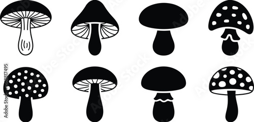 Mushroom silhouettes set, edible and wild fungi icons, botanical nature vector art, forest graphic illustration, cad drawing flat vector illustration, isolated black outline designs
