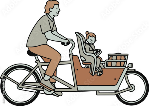 A parent with wavy hair pedals a long, front-loading cargo bike with a small child secured in a front seat.