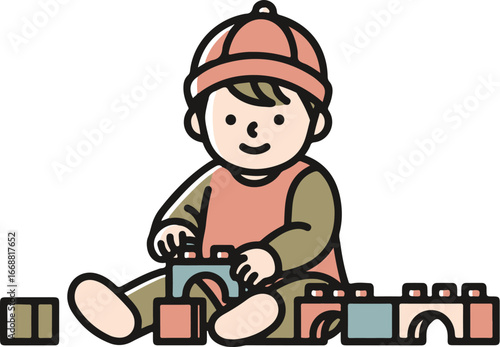 A cute cartoon toddler wearing a red hat, sitting on the floor and happily playing with colorful building blocks.