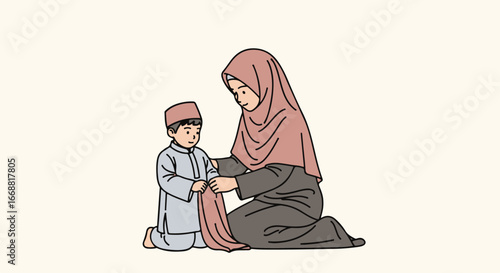 A loving Muslim mother in a mauve hijab kneels to adjust her young sons robe.