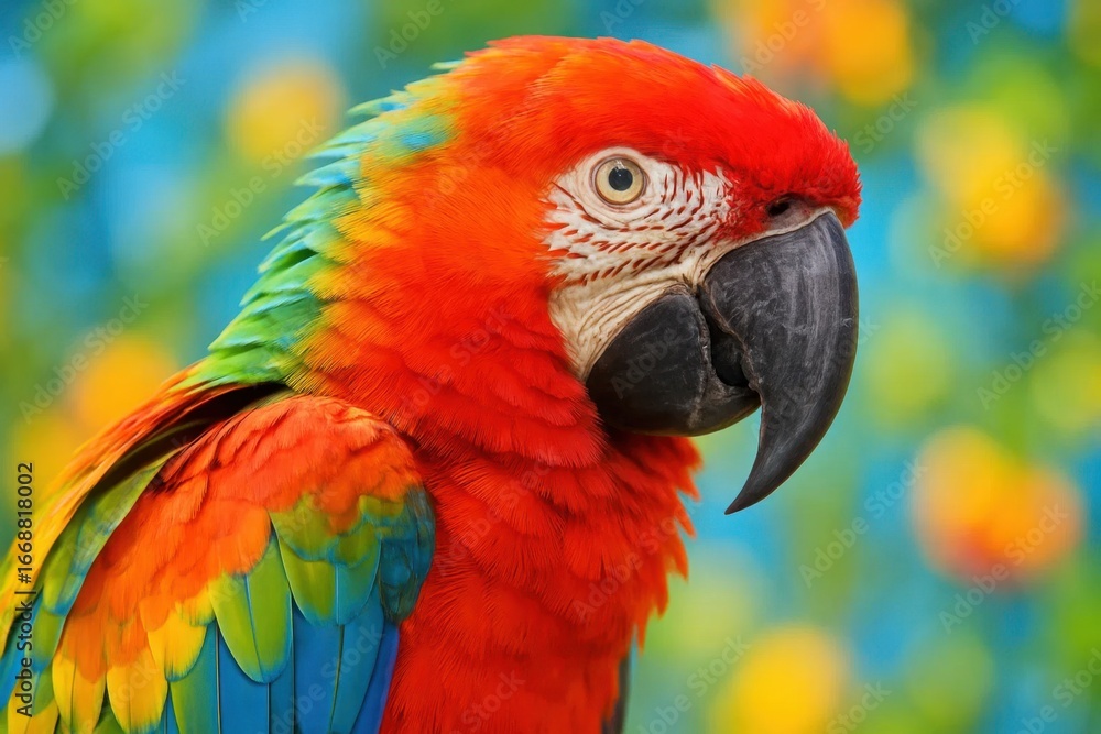 Obraz premium A vibrant parrot with a striking red head and vivid green wings stands out against a blurred backdrop of colorful flowers, embodying the beauty and diversity of nature