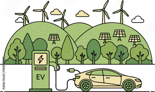 Line art illustration of an electric car at an EV charging station powered by renewable wind and solar energy.