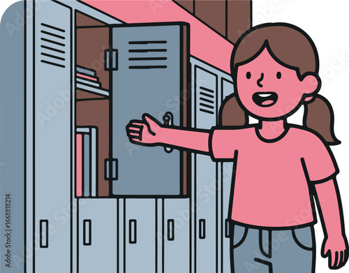 A cheerful cartoon girl with brown pigtails and a pink shirt stands smiling by her open school locker.