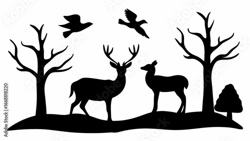 Silhouette of deer family with birds flying above them in a forest with bare trees and a small pine tree | editable eps vectors