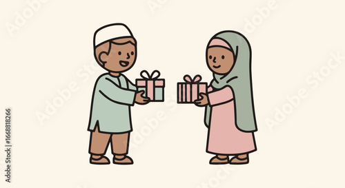 Cute cartoon Muslim boy and girl in traditional attire happily exchanging wrapped gift boxes.
