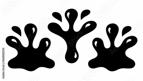 Three black ink blots with droplet shapes creating symmetrical patterns on a white background design element | editable eps vectors