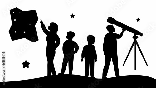 Silhouette of family stargazing with telescope and star chart on a hill under a starry night sky view | editable eps vectors