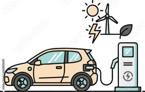 Modern beige electric hatchback charging at a station with renewable energy icons for sun and wind power.