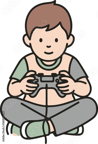 A young cartoon boy with brown hair sitting cross-legged on the floor, happily playing a video game with a grey controller.