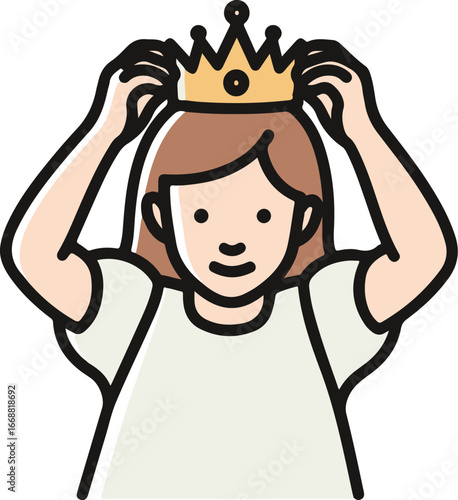 A simple cartoon illustration of a woman with brown hair placing a golden crown on her head.