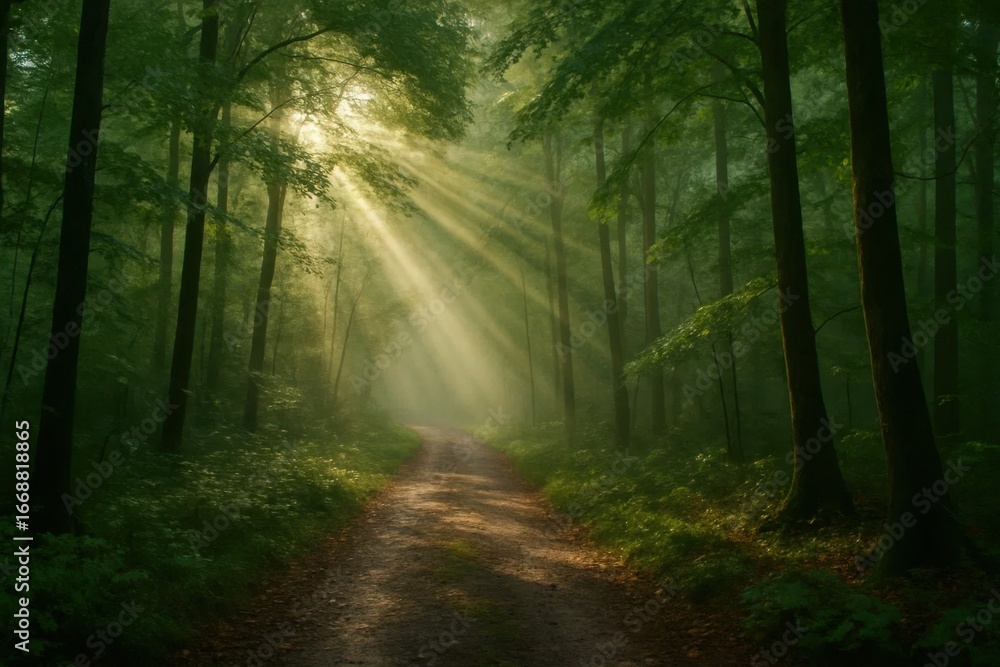 Fototapeta premium A Serene Forest Path Illuminated by Sunlight