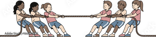 A diverse group of six illustrated children in two teams competing in a game of tug-of-war.