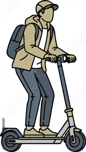 Hand-drawn illustration of a faceless man in a cap, jacket, and backpack riding an electric scooter.