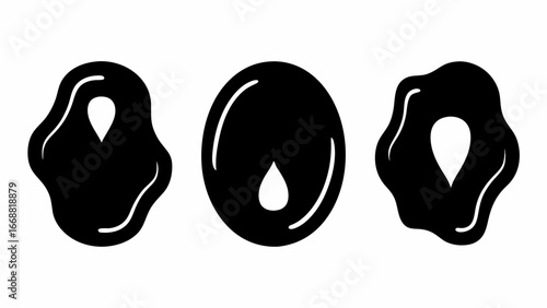 Three abstract black blobs with teardrop shaped holes in the center on a white background design | editable eps vectors