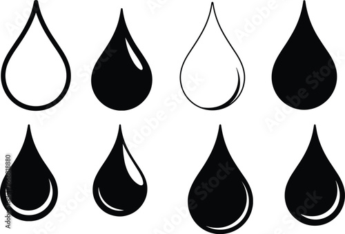 Water droplet silhouettes set, liquid drop icons, clean water symbol vector, environmental graphic design, cad drawing flat vector illustration, isolated teardrop outline shapes