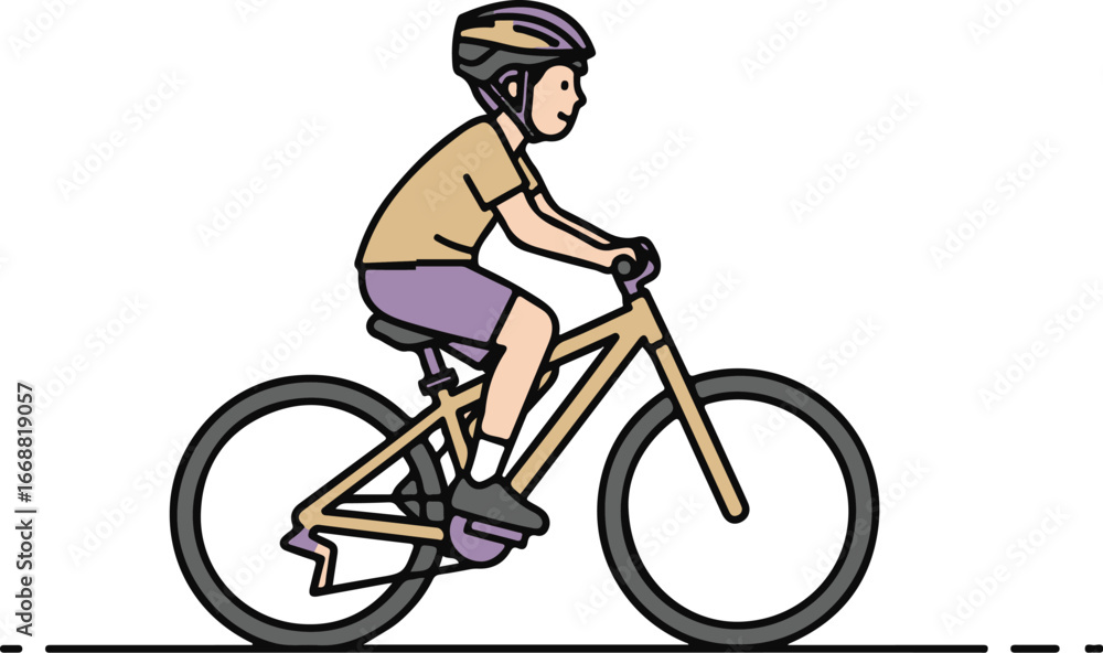 Obraz premium Simple line art illustration of a person wearing a helmet and casual clothes riding a bicycle, side view.