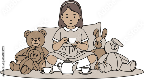 Charming hand-drawn illustration of a young girl hosting a pretend tea party with her beloved stuffed teddy bear and rabbit toys.