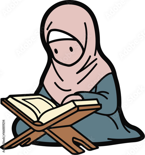 Cartoon illustration of a Muslim woman in a pink hijab seated and reading a holy book on a wooden rehal.