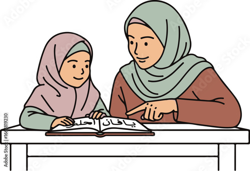 A Muslim woman in a green hijab teaches a young girl how to read an open Arabic book at a desk.