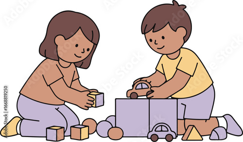 A charming cartoon illustration of a young boy and girl kneeling on the floor, happily playing together with colorful blocks and toy cars.