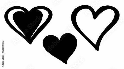 Illustration of three hand drawn hearts in black and white with varying styles and orientations | editable eps vectors