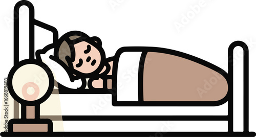 Simple vector icon of a person with dark hair sleeping soundly in a bed under a brown blanket.