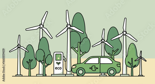 Stylized illustration of a green electric car at an eco charging station with a wind turbine farm.