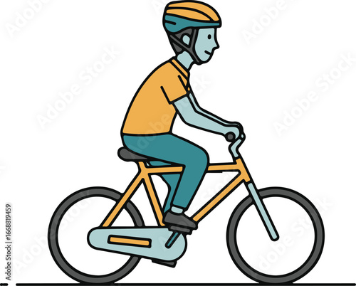 Colorful cartoon illustration of a person with blue skin wearing an orange helmet and shirt, riding a bicycle in profile.