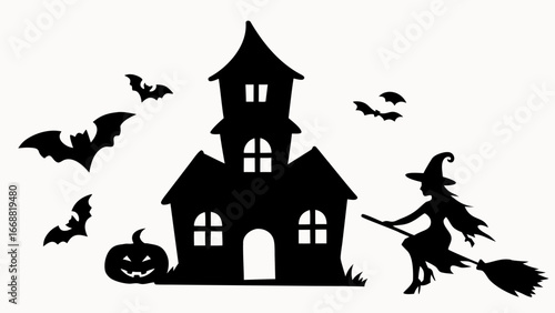 Silhouette of a haunted house with bats, a witch on a broom, and a pumpkin for halloween night