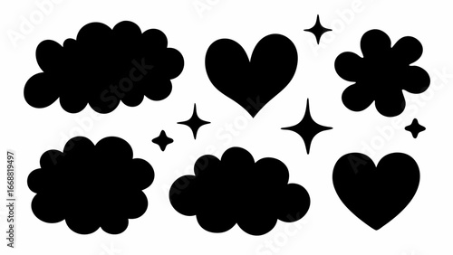 Black and white vector illustration featuring clouds hearts and stars in a whimsical arrangement design | editable eps vectors