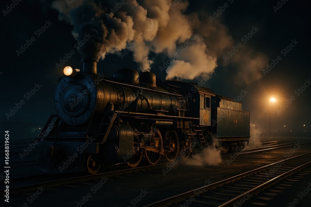 Fototapeta premium An enigmatic steam train journeys through the night, its silhouette illuminated by the soft glow of distant lights