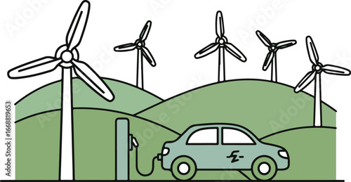 A green electric car refueling at a charging station in a wind farm landscape illustration.